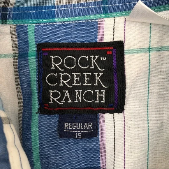 Vintage Rock Creek Ranch Blue Plaid Button Up Short Sleeve Collared Shirt - Picture 4 of 7